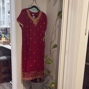 3-piece Red Embroidered Dress with Gold Accents